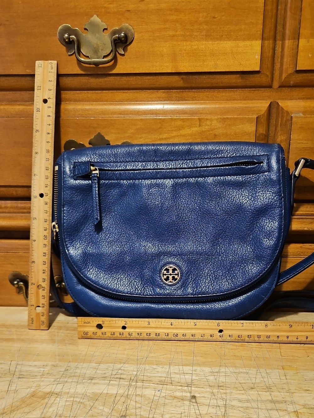 Tory Burch Blue Leather FoldOver Saddle Crossbody Handbag